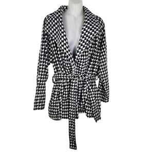 Decorated Originals Fleece Jacket Large Black White Houndstooth Tie Waist Pocket
